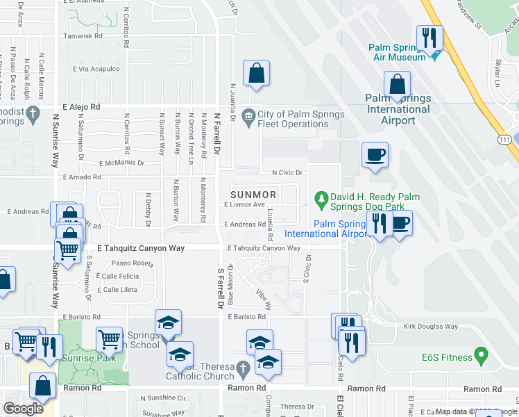 map of restaurants, bars, coffee shops, grocery stores, and more near 2795 East Livmor Avenue in Palm Springs