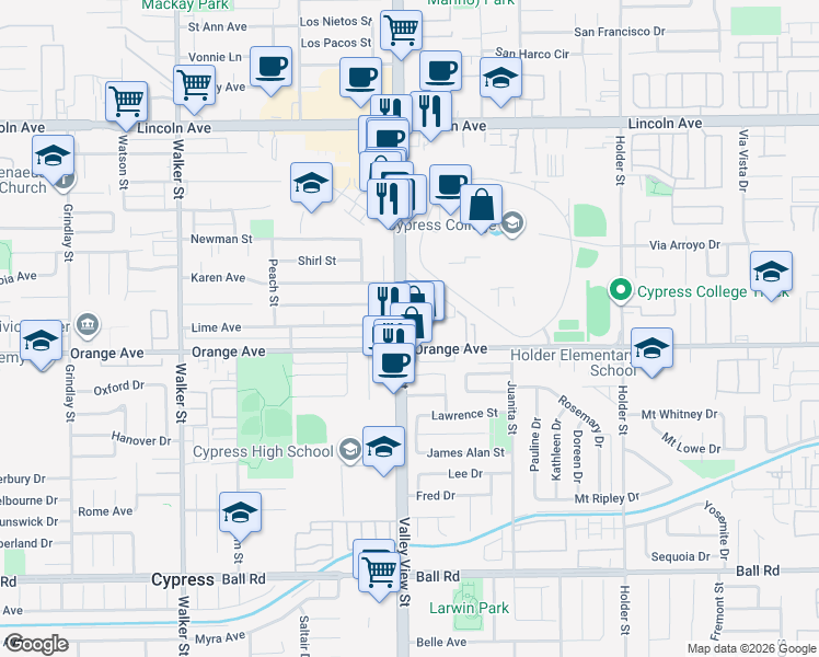 map of restaurants, bars, coffee shops, grocery stores, and more near 6029 Orange Avenue in Cypress