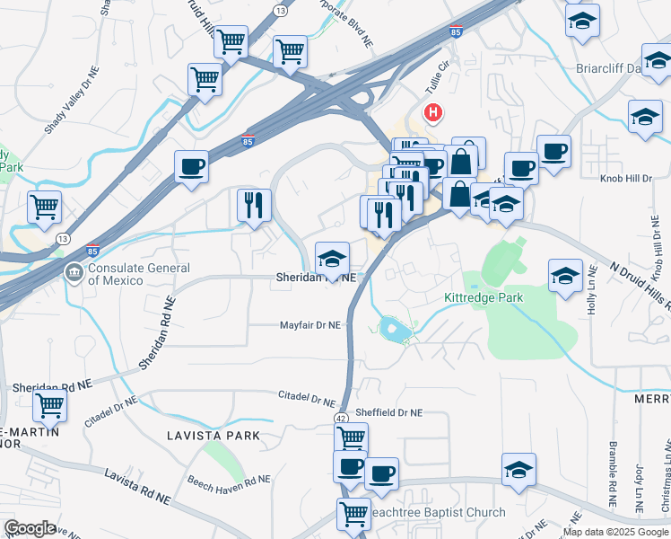map of restaurants, bars, coffee shops, grocery stores, and more near 4018 Oak Park Circle Northeast in Atlanta