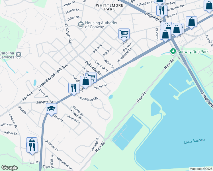map of restaurants, bars, coffee shops, grocery stores, and more near 328 Edgewood Circle in Conway