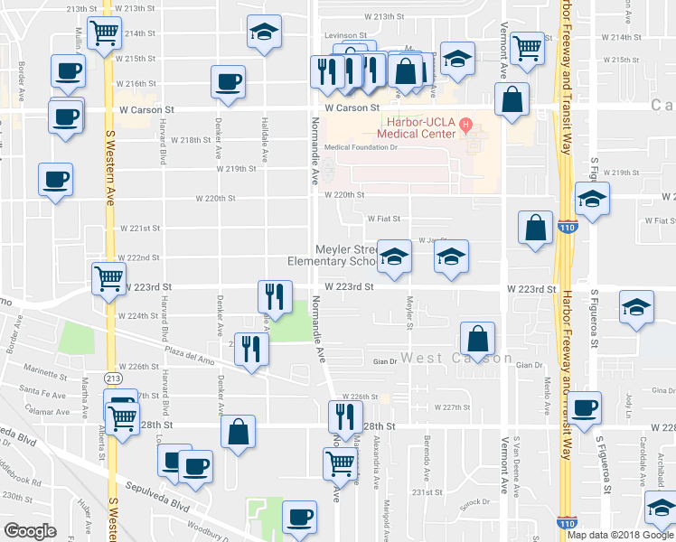 map of restaurants, bars, coffee shops, grocery stores, and more near 1238 Dunwich Avenue in Torrance
