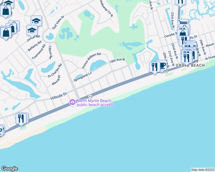 map of restaurants, bars, coffee shops, grocery stores, and more near 201 15th Avenue North in North Myrtle Beach