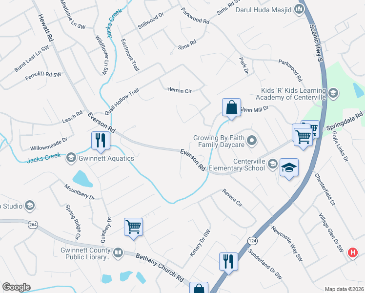 map of restaurants, bars, coffee shops, grocery stores, and more near 3619 Everson Road in Snellville