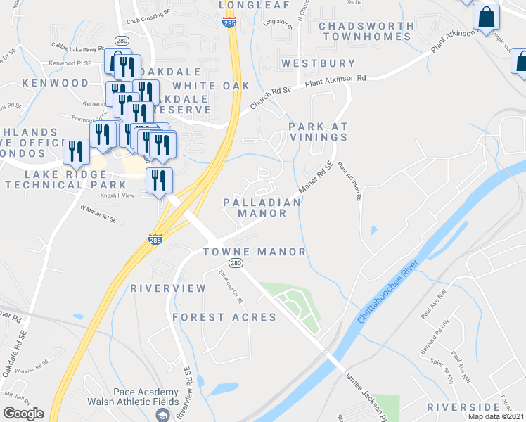 map of restaurants, bars, coffee shops, grocery stores, and more near 2481 Palladian Manor Way Southeast in Smyrna