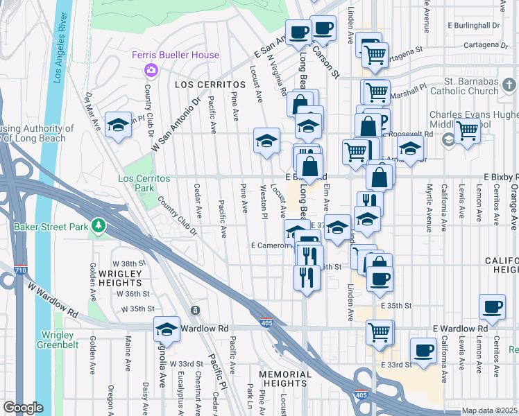 map of restaurants, bars, coffee shops, grocery stores, and more near 3727 Weston Place in Long Beach