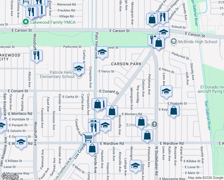 map of restaurants, bars, coffee shops, grocery stores, and more near 6513 East Conant Street in Long Beach