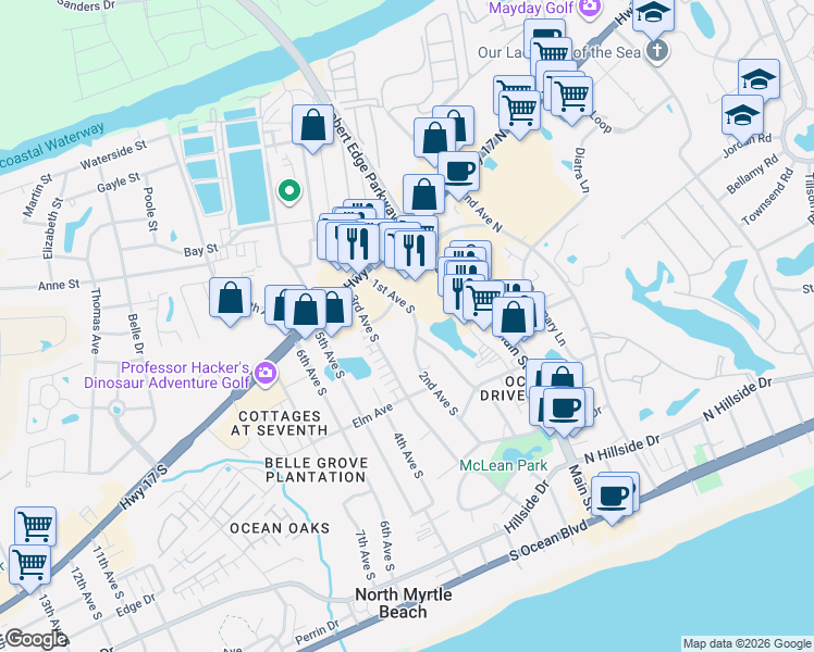 map of restaurants, bars, coffee shops, grocery stores, and more near 700 1st Avenue South in North Myrtle Beach