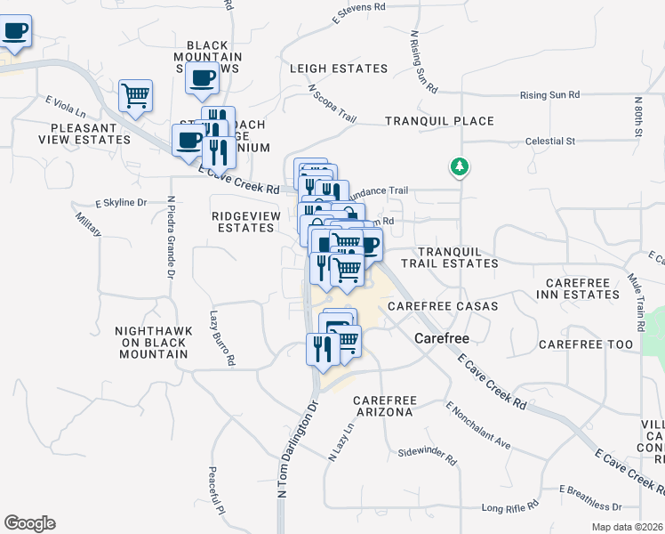 map of restaurants, bars, coffee shops, grocery stores, and more near 99 Easy Street in Carefree