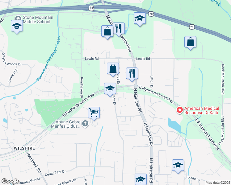 map of restaurants, bars, coffee shops, grocery stores, and more near 1506 Kilmuir Way in Stone Mountain