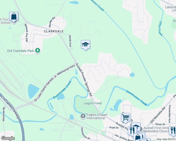 map of restaurants, bars, coffee shops, grocery stores, and more near 2015 Gladiola Way in Austell