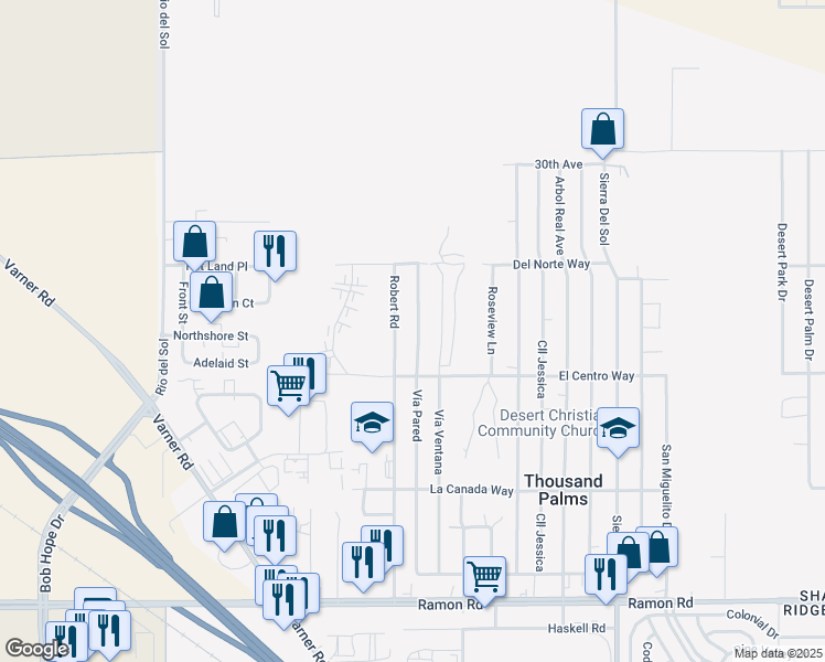 map of restaurants, bars, coffee shops, grocery stores, and more near 30813 Vía Pared in Thousand Palms
