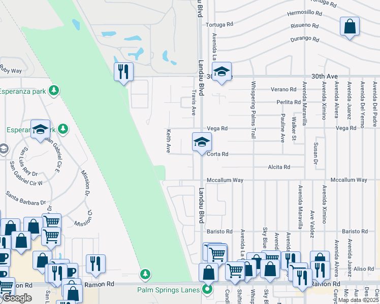 map of restaurants, bars, coffee shops, grocery stores, and more near 30721 Peggy Way in Cathedral City