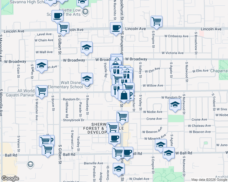 map of restaurants, bars, coffee shops, grocery stores, and more near 2215 West Orange Avenue in Anaheim