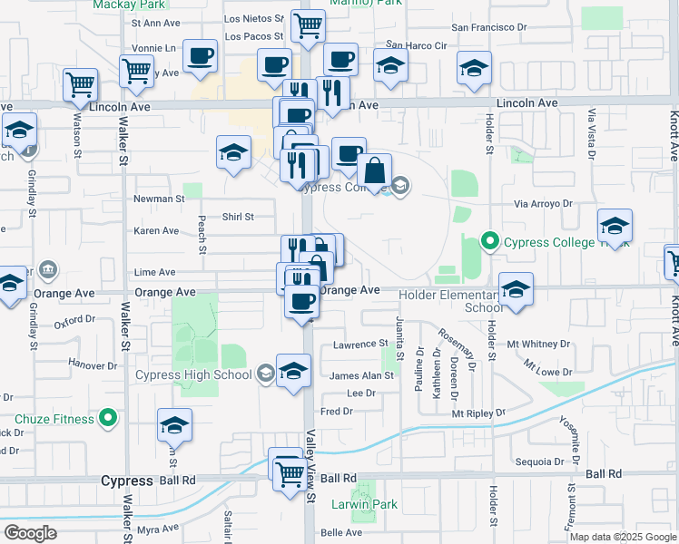map of restaurants, bars, coffee shops, grocery stores, and more near 6062 Lime Avenue in Cypress