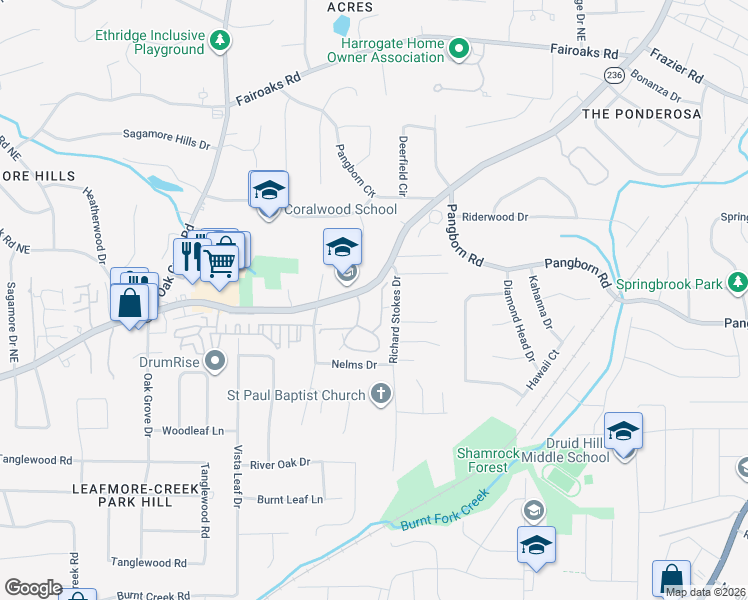 map of restaurants, bars, coffee shops, grocery stores, and more near 1506 Oakridge Court in Decatur