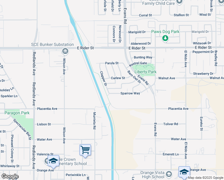 map of restaurants, bars, coffee shops, grocery stores, and more near 893 Whimbrel Way in Perris