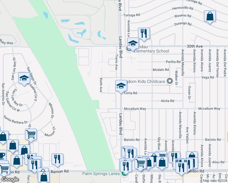 map of restaurants, bars, coffee shops, grocery stores, and more near 30721 Peggy Way in Cathedral City