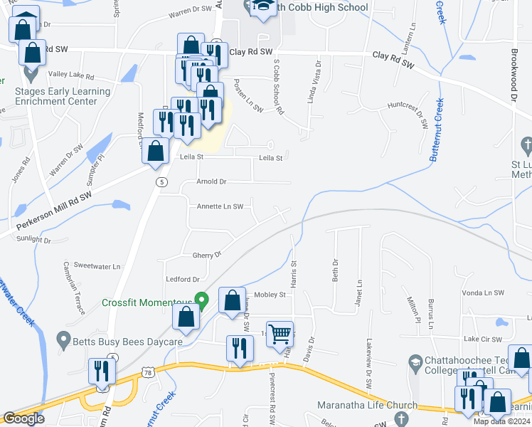 map of restaurants, bars, coffee shops, grocery stores, and more near 1860 Gherry Drive in Austell