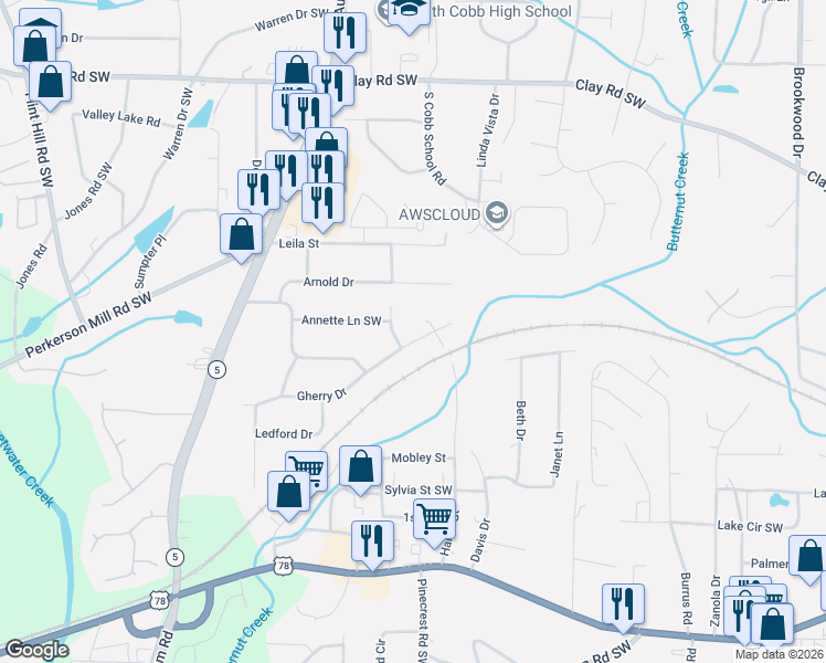 map of restaurants, bars, coffee shops, grocery stores, and more near 1870 Gherry Drive in Austell