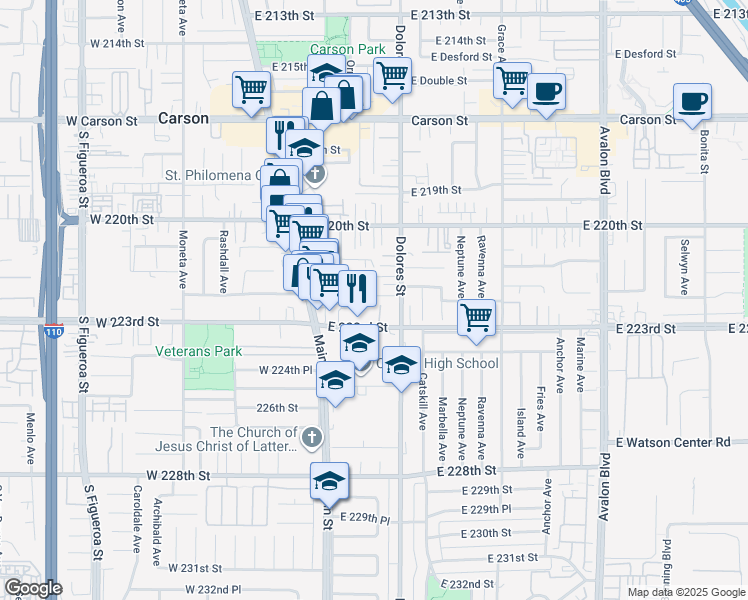 map of restaurants, bars, coffee shops, grocery stores, and more near 220 East 222nd Street in Carson
