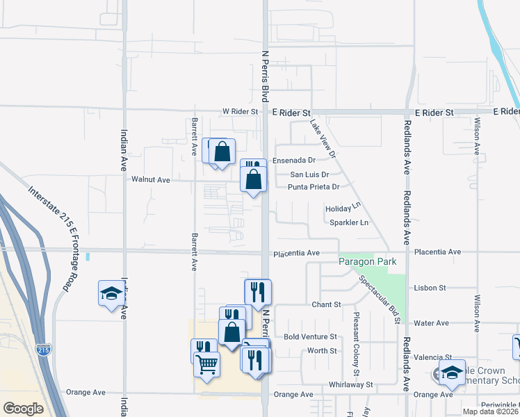 map of restaurants, bars, coffee shops, grocery stores, and more near 2926 North Perris Boulevard in Perris