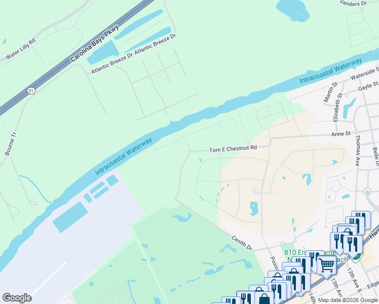 map of restaurants, bars, coffee shops, grocery stores, and more near 1761 Tom E Chestnut Road in North Myrtle Beach