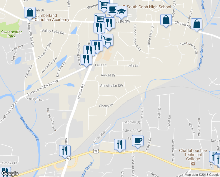 map of restaurants, bars, coffee shops, grocery stores, and more near 1967 Annette Lane Southwest in Austell