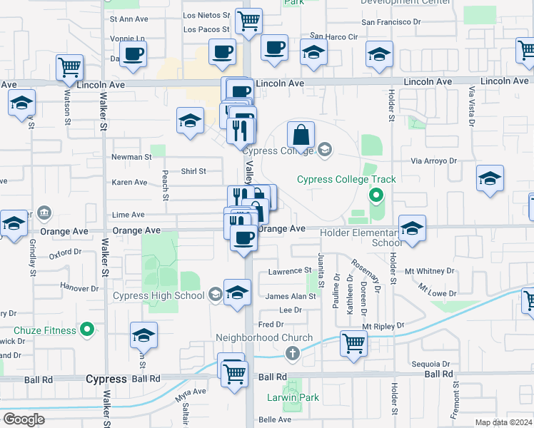 map of restaurants, bars, coffee shops, grocery stores, and more near 6029 Orange Avenue in Cypress