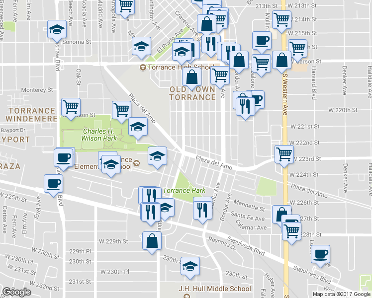map of restaurants, bars, coffee shops, grocery stores, and more near 2007 Plaza del Amo in Torrance