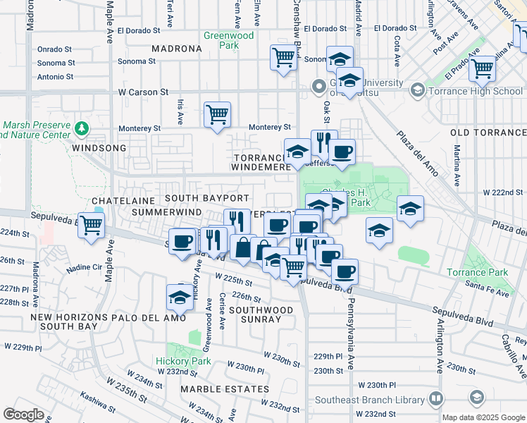 map of restaurants, bars, coffee shops, grocery stores, and more near 2562 Woodbury Drive in Torrance