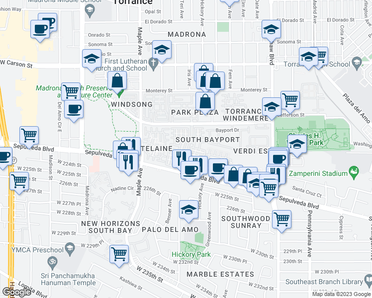 map of restaurants, bars, coffee shops, grocery stores, and more near in Torrance