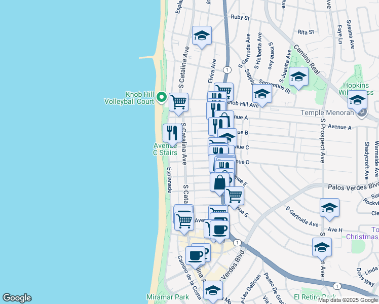 map of restaurants, bars, coffee shops, grocery stores, and more near 211 Avenue D in Redondo Beach