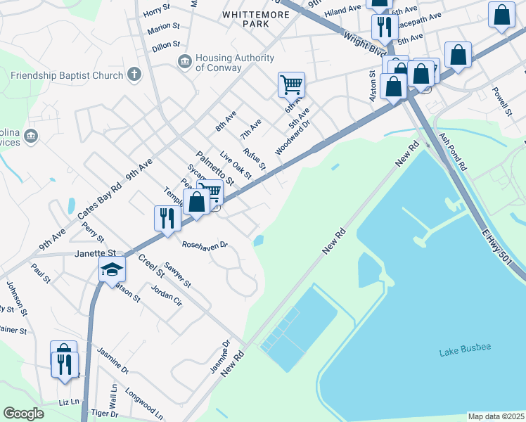 map of restaurants, bars, coffee shops, grocery stores, and more near 2407 James Street in Conway