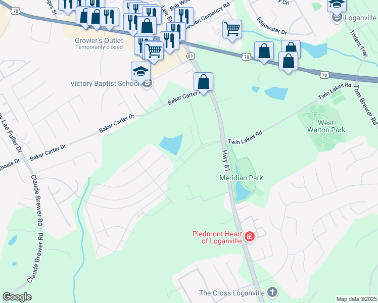 map of restaurants, bars, coffee shops, grocery stores, and more near 630 Point Place Drive in Loganville