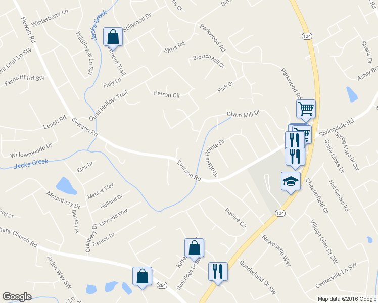 map of restaurants, bars, coffee shops, grocery stores, and more near 3302 Glynn Mill Drive in Snellville