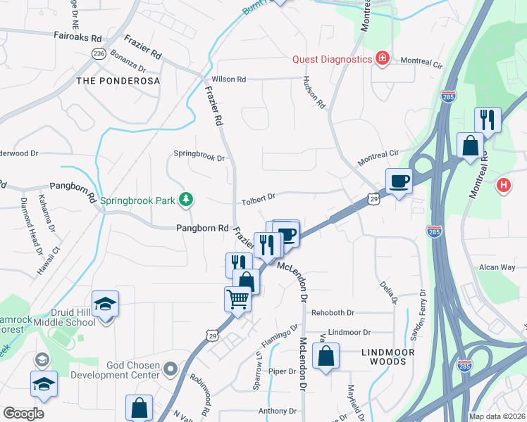 map of restaurants, bars, coffee shops, grocery stores, and more near 3121 Frazier Walk in Decatur
