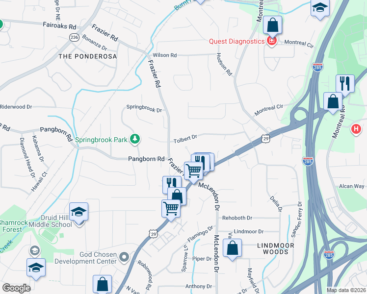 map of restaurants, bars, coffee shops, grocery stores, and more near 3120 Frazier Walk in Decatur