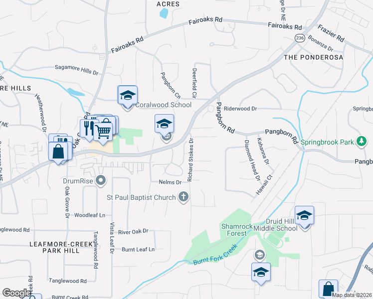map of restaurants, bars, coffee shops, grocery stores, and more near 1506 Oakridge Court in Decatur