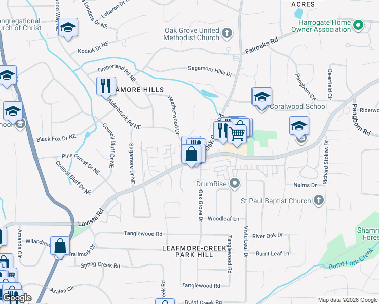 map of restaurants, bars, coffee shops, grocery stores, and more near 1500 Davis Oaks Way in Decatur