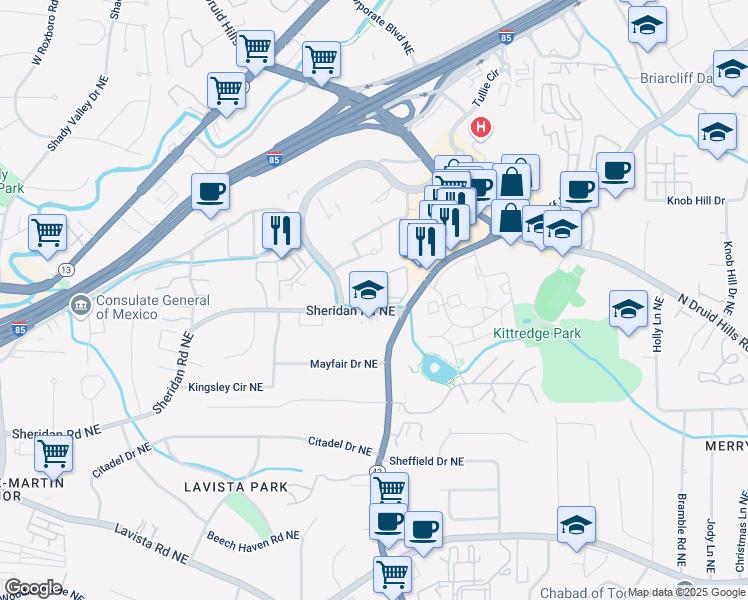 map of restaurants, bars, coffee shops, grocery stores, and more near 4018 Oak Park Circle Northeast in Atlanta