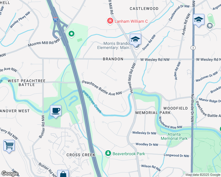 map of restaurants, bars, coffee shops, grocery stores, and more near 973 Peachtree Battle Avenue Northwest in Atlanta