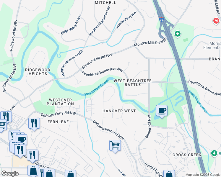 map of restaurants, bars, coffee shops, grocery stores, and more near 2591 Hyde Manor Drive Northwest in Atlanta