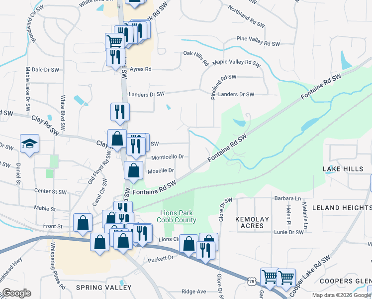 map of restaurants, bars, coffee shops, grocery stores, and more near 5288 Montpelier Drive in Mableton