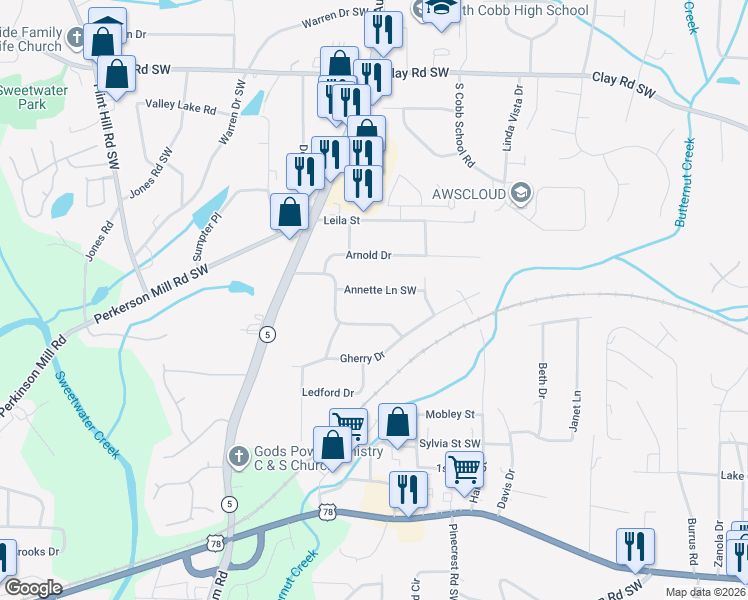 map of restaurants, bars, coffee shops, grocery stores, and more near 1967 Annette Lane Southwest in Austell