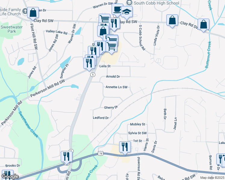 map of restaurants, bars, coffee shops, grocery stores, and more near 1971 Annette Lane Southwest in Austell