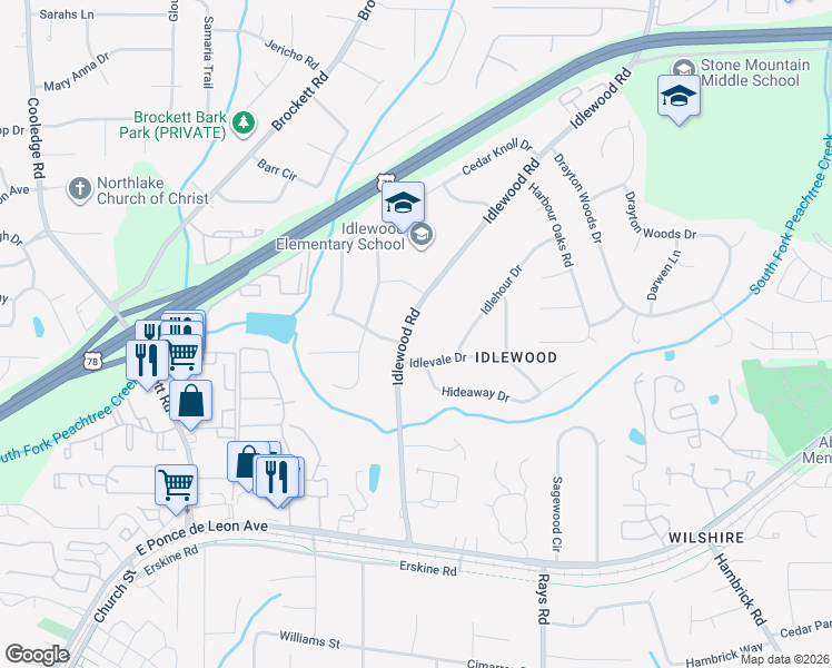 map of restaurants, bars, coffee shops, grocery stores, and more near 1431 Idlewood Road in Tucker