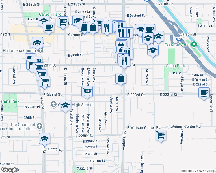map of restaurants, bars, coffee shops, grocery stores, and more near 22206 Judith Place in Carson
