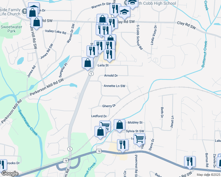 map of restaurants, bars, coffee shops, grocery stores, and more near 1971 Annette Lane Southwest in Austell