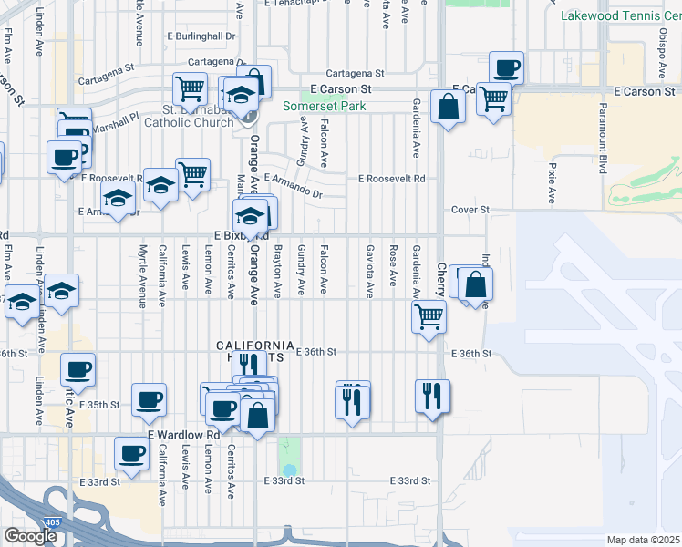 map of restaurants, bars, coffee shops, grocery stores, and more near 3727 Walnut Avenue in Long Beach