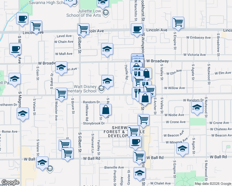 map of restaurants, bars, coffee shops, grocery stores, and more near 601 South Greenwich Street in Anaheim